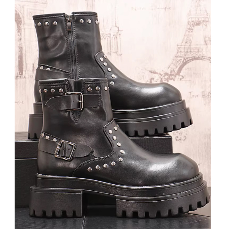 Streetwear Zipper - Heren Zwart Bezaaid Platform Gesp Enkellaarsjes